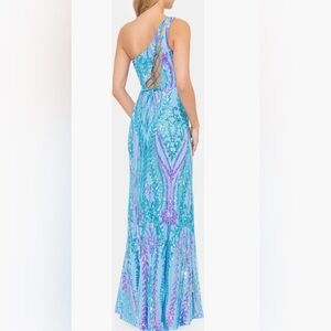 Blondie Nites Turquoise & Lavender Sequin Side-Slit Maxi